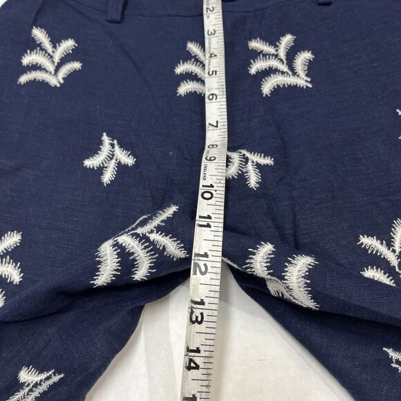 Elie Tahari Pants Women 6 Blue Linen White Palm Tree Embroidered Wide Leg Resort - Picture 8 of 9